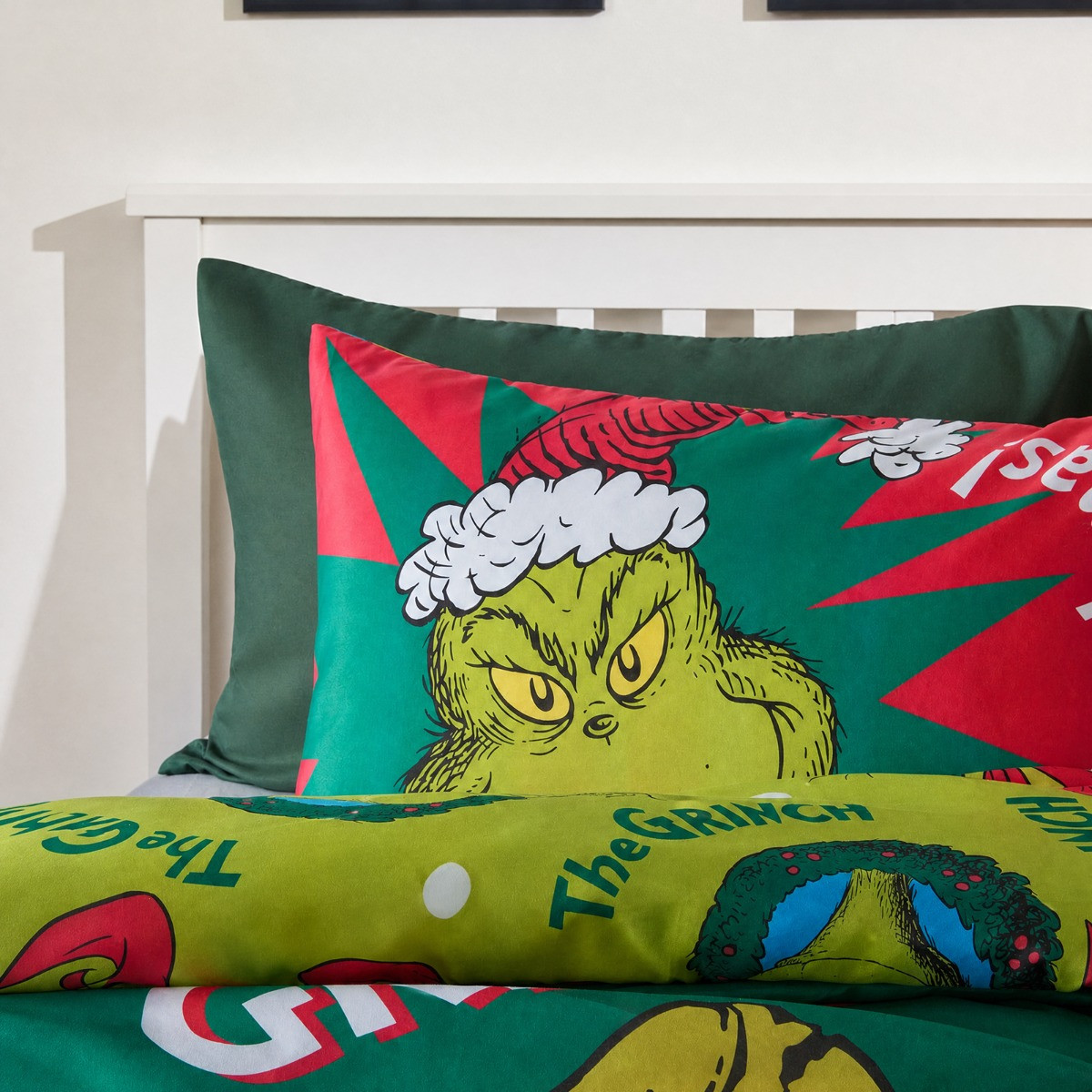 OHS Grinch Printed Duvet Set, Green - Single>