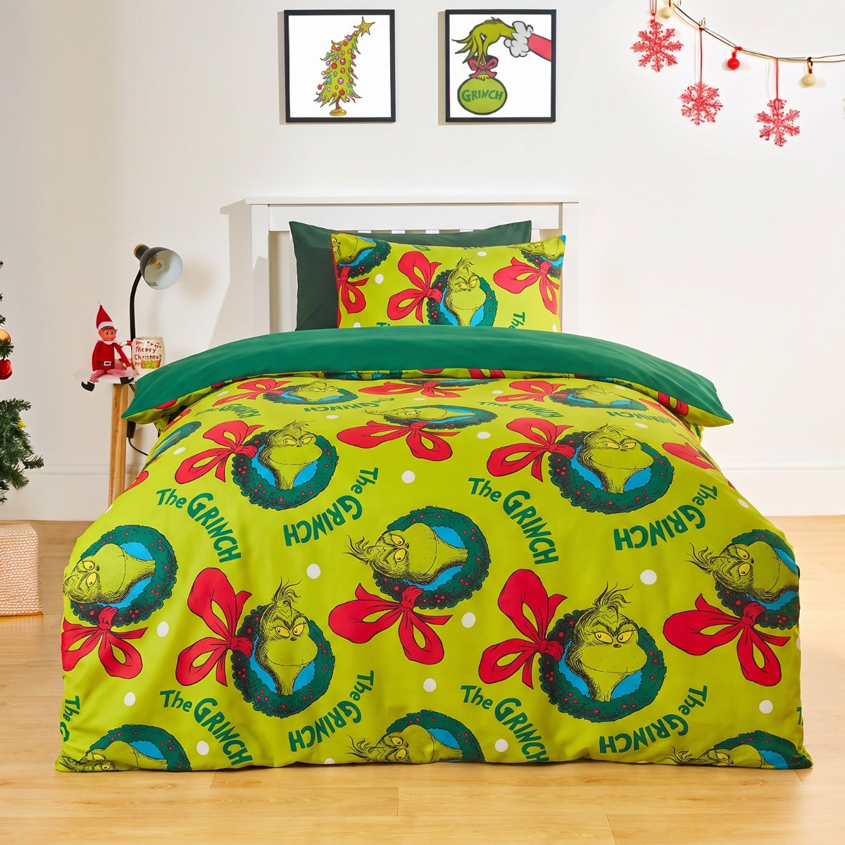 OHS Grinch Printed Duvet Set, Green - Single>
