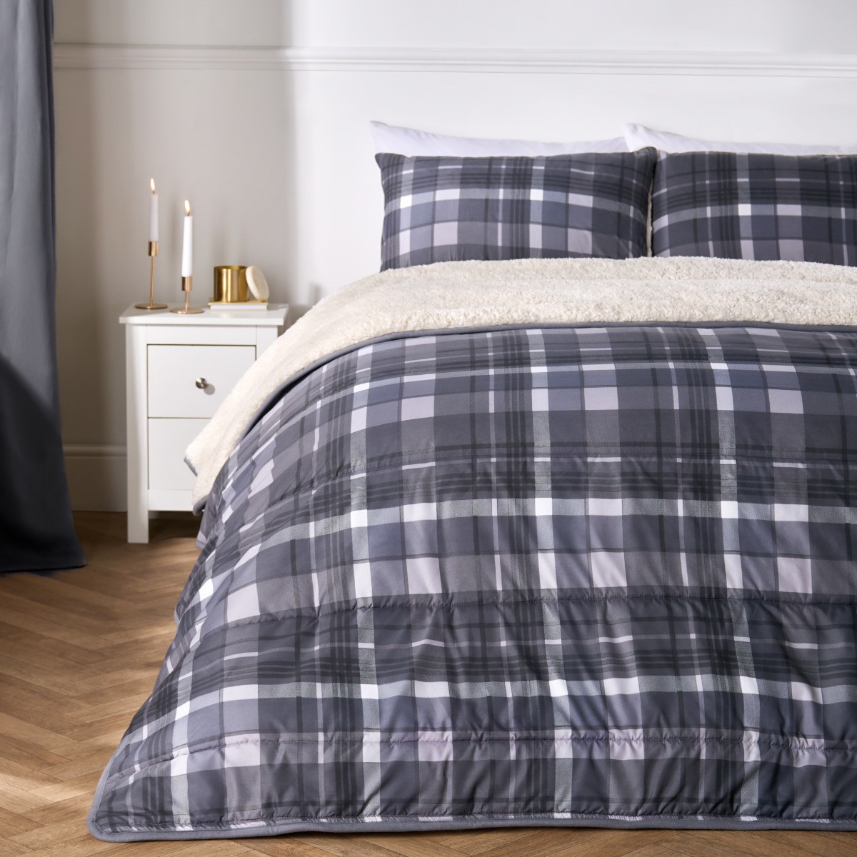 OHS Coverless Check 10.5 Tog Duvet Set, Grey - Double>