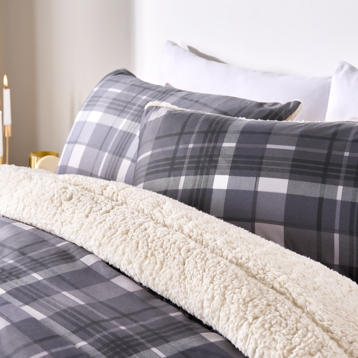 OHS Coverless Check 10.5 Tog Duvet Set, Grey - Double>