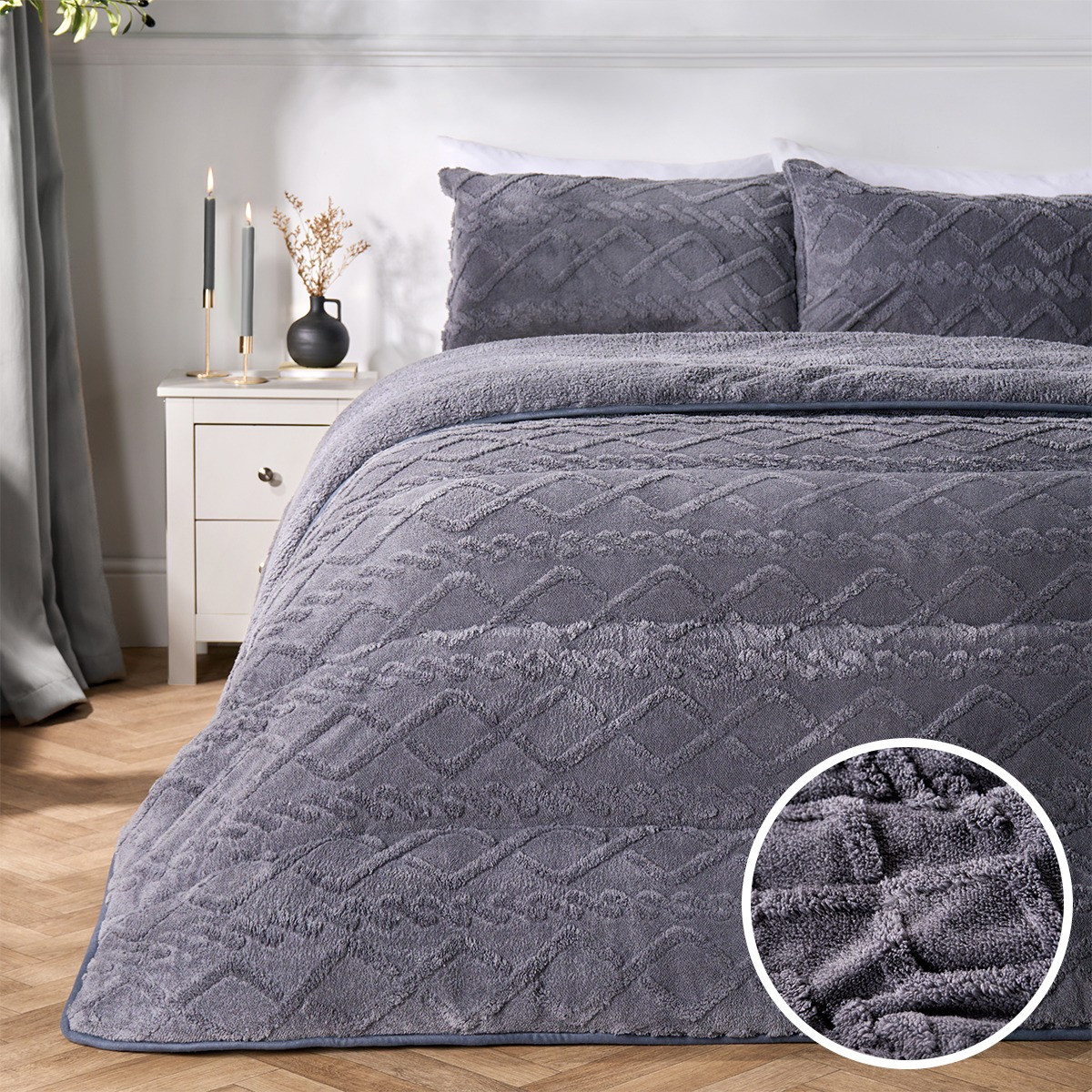OHS Coverless Cable Knit 10.5 Tog Duvet Set, Grey - Double>