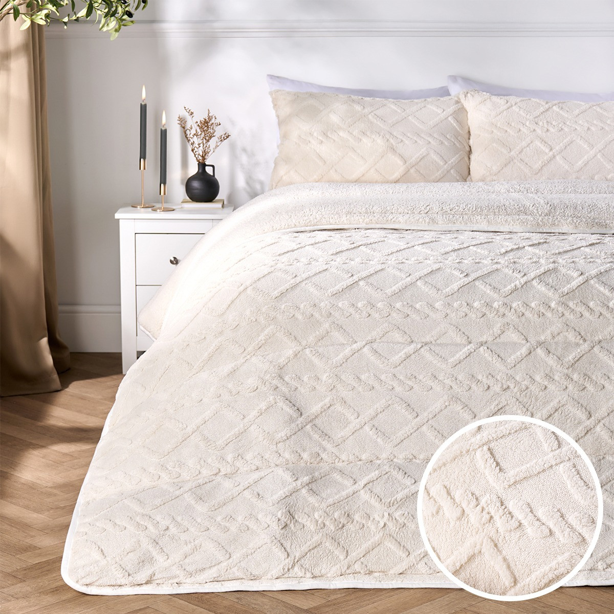 OHS Coverless Cable Knit 10.5 Tog Duvet Set, Cream - Double>