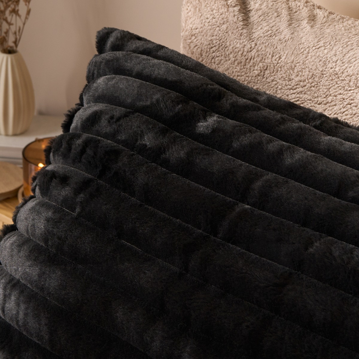 OHS Ribbed Faux Fur Bolster Pillow - Black>