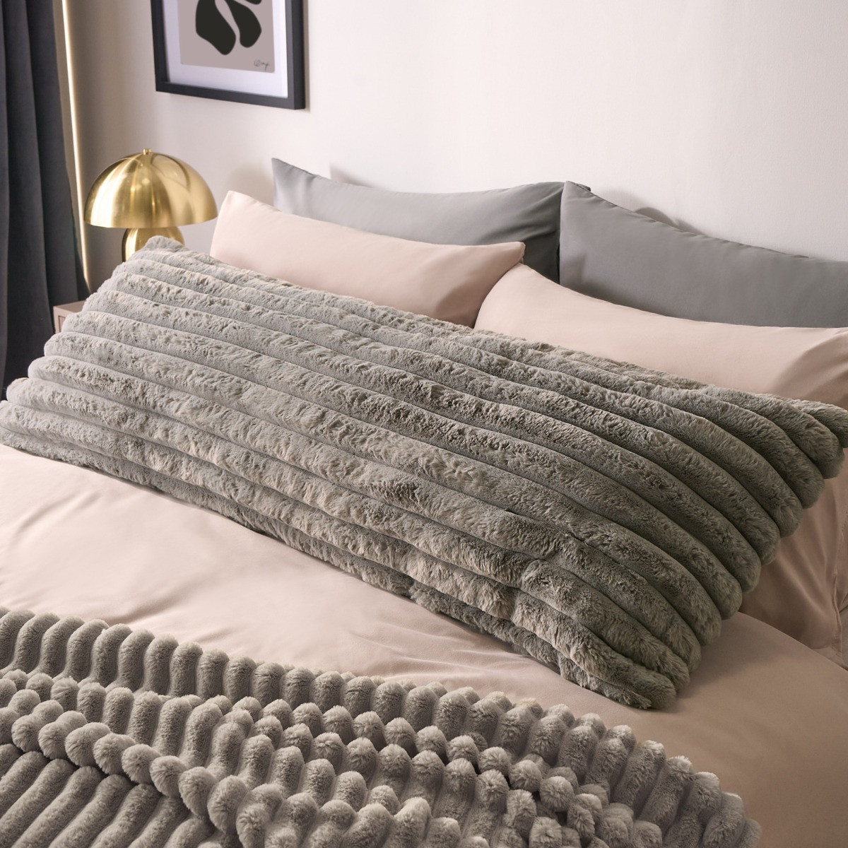 OHS Ribbed Faux Fur Bolster Pillow - Grey>