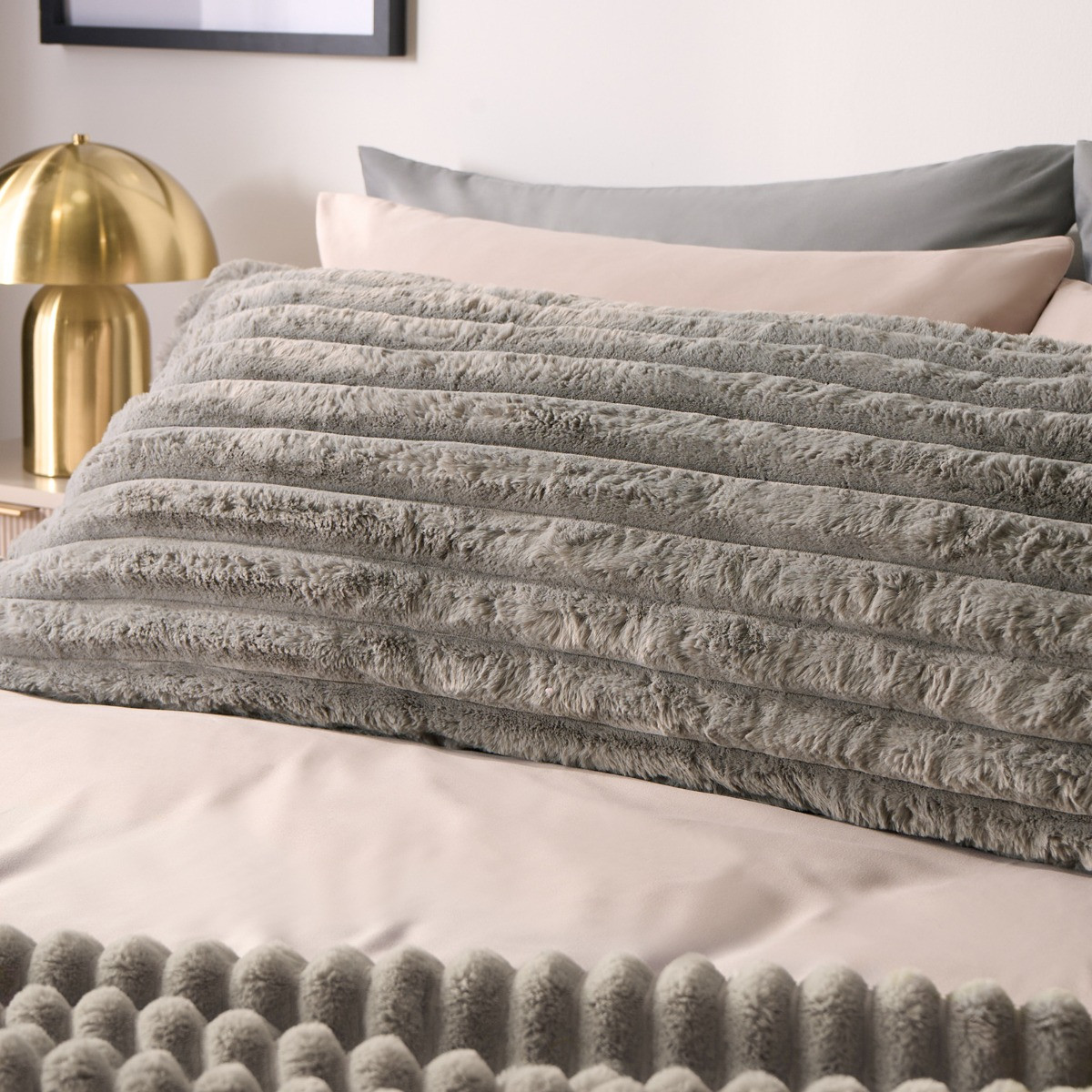 OHS Ribbed Faux Fur Bolster Pillow - Grey>