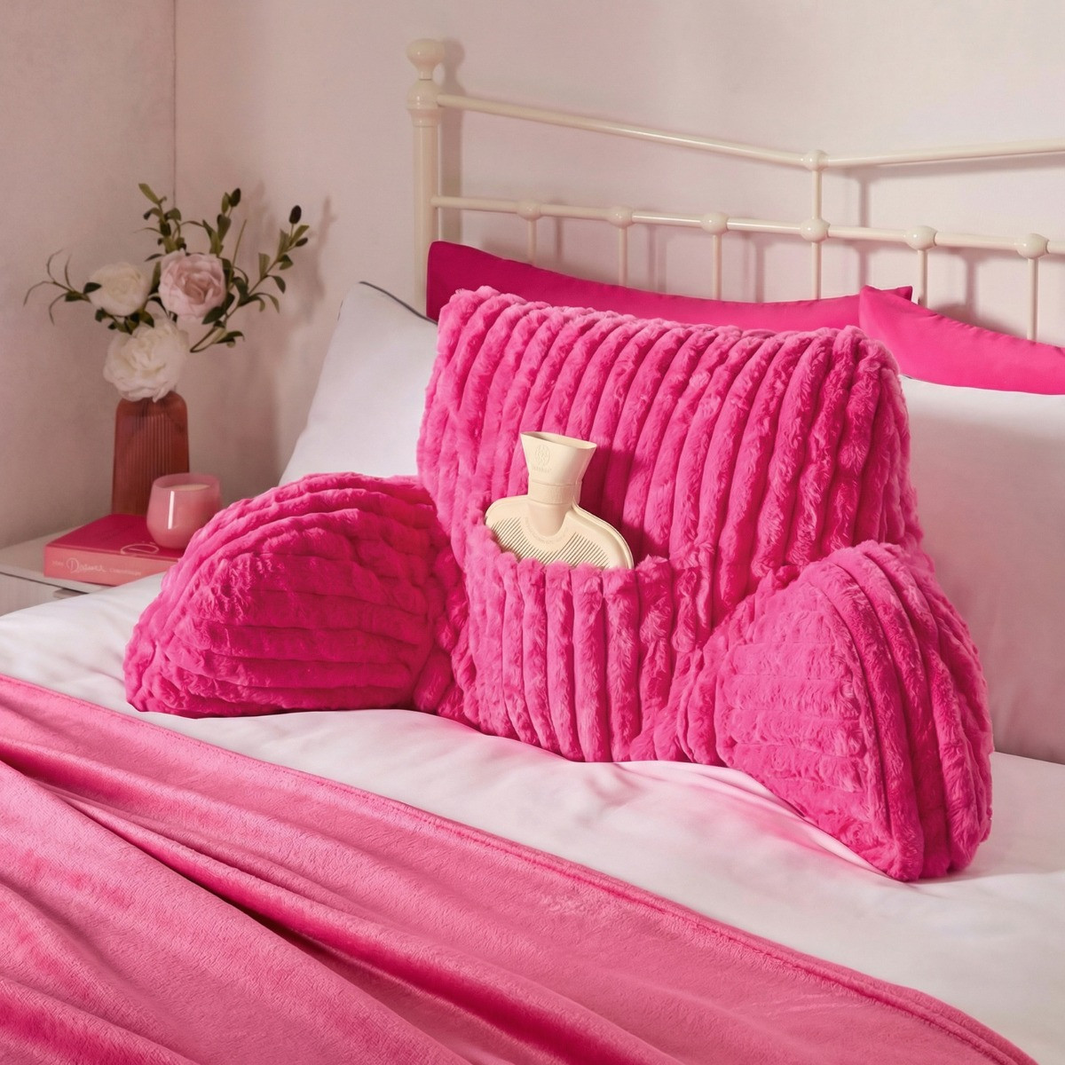 OHS Ribbed Faux Fur Cuddle Cushion with Heatable Pocket - Pink>