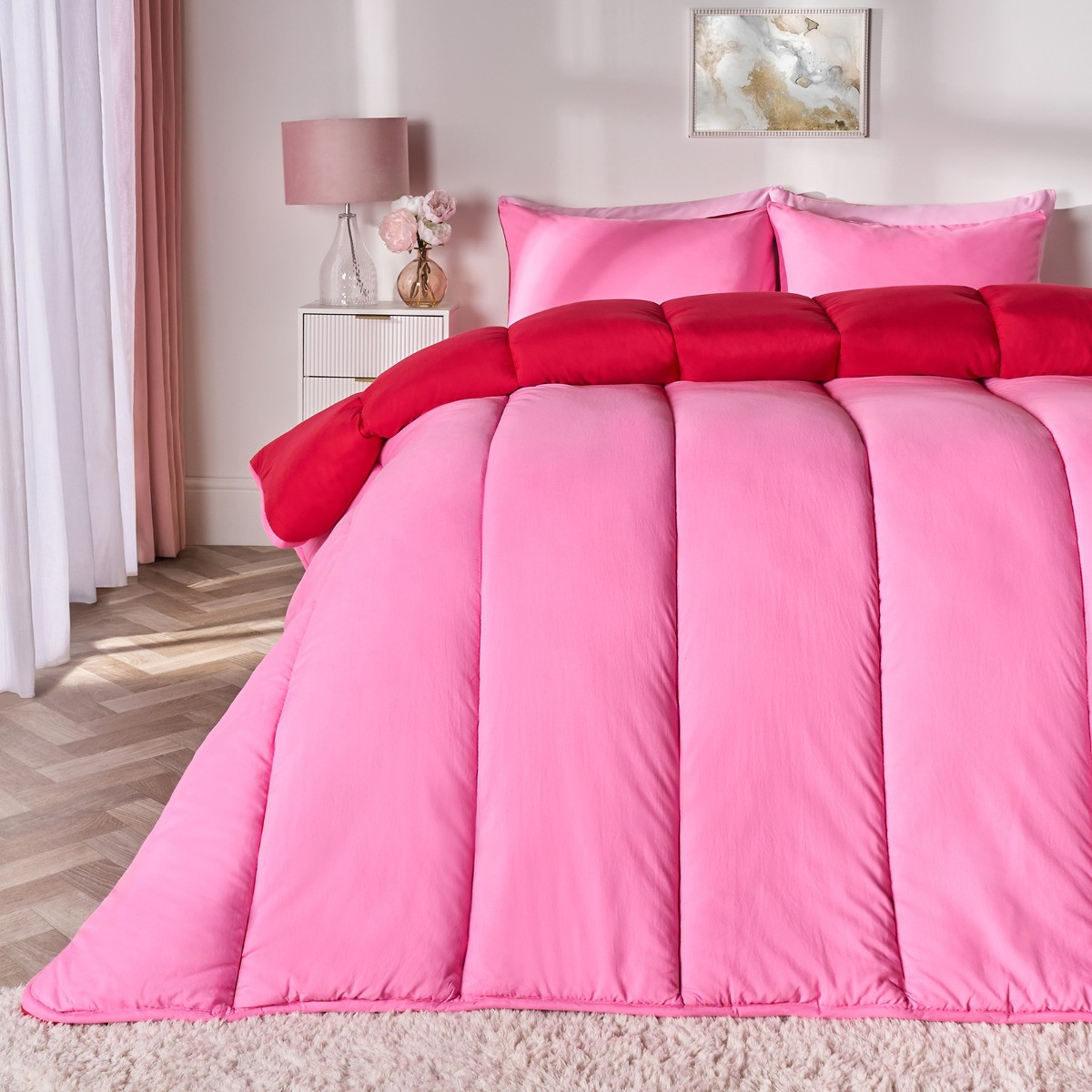 OHS Coverless 10.5 Tog Reversible Duvet Set - Hot Pink/Red>