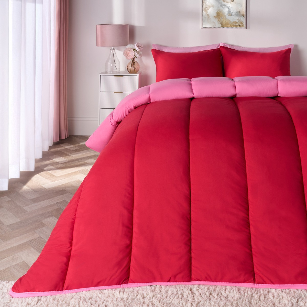 OHS Coverless 10.5 Tog Reversible Duvet Set, Hot Pink/Red - Double>