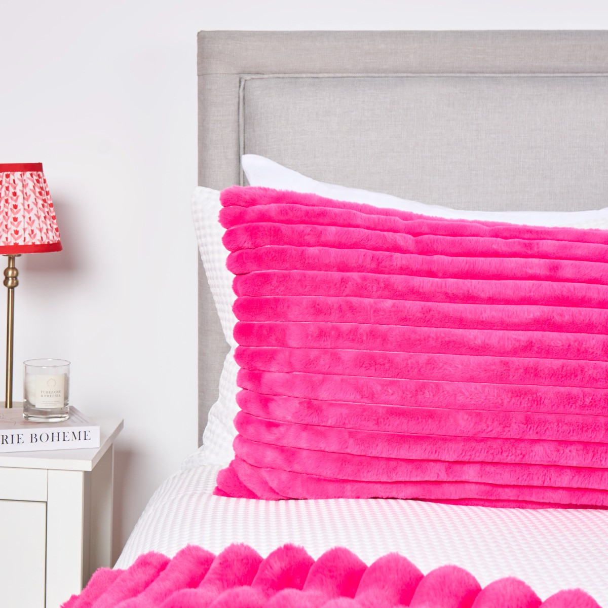 OHS Ribbed Faux Fur Bolster Pillow - Pink>
