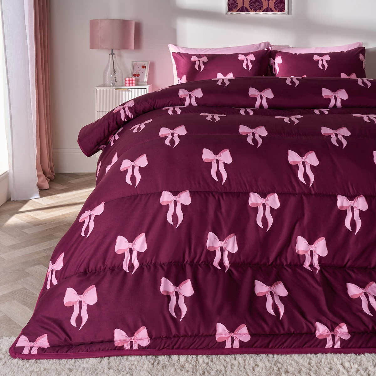 OHS Bow Print Coverless 10.5 Tog Duvet Set, Burgundy - Single>
