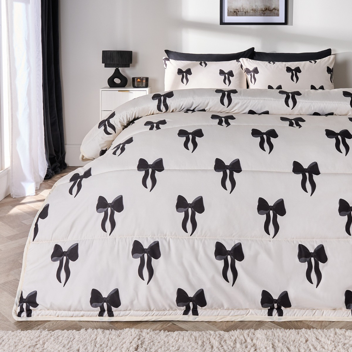 OHS Bow Print Coverless 10.5 Tog Duvet Set, Monochrome -  Single>