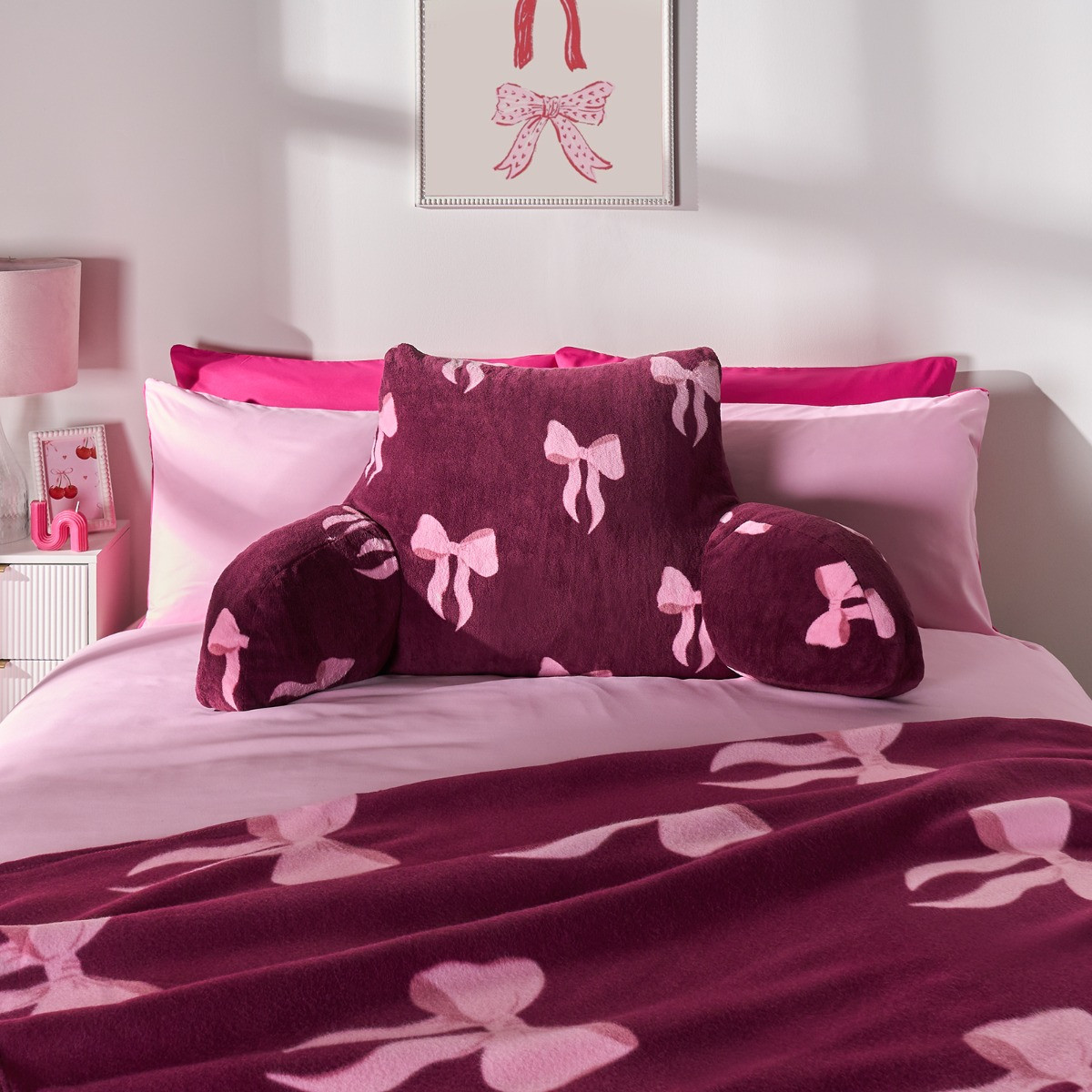 OHS Bow Print Cuddle Cushion - Burgundy>