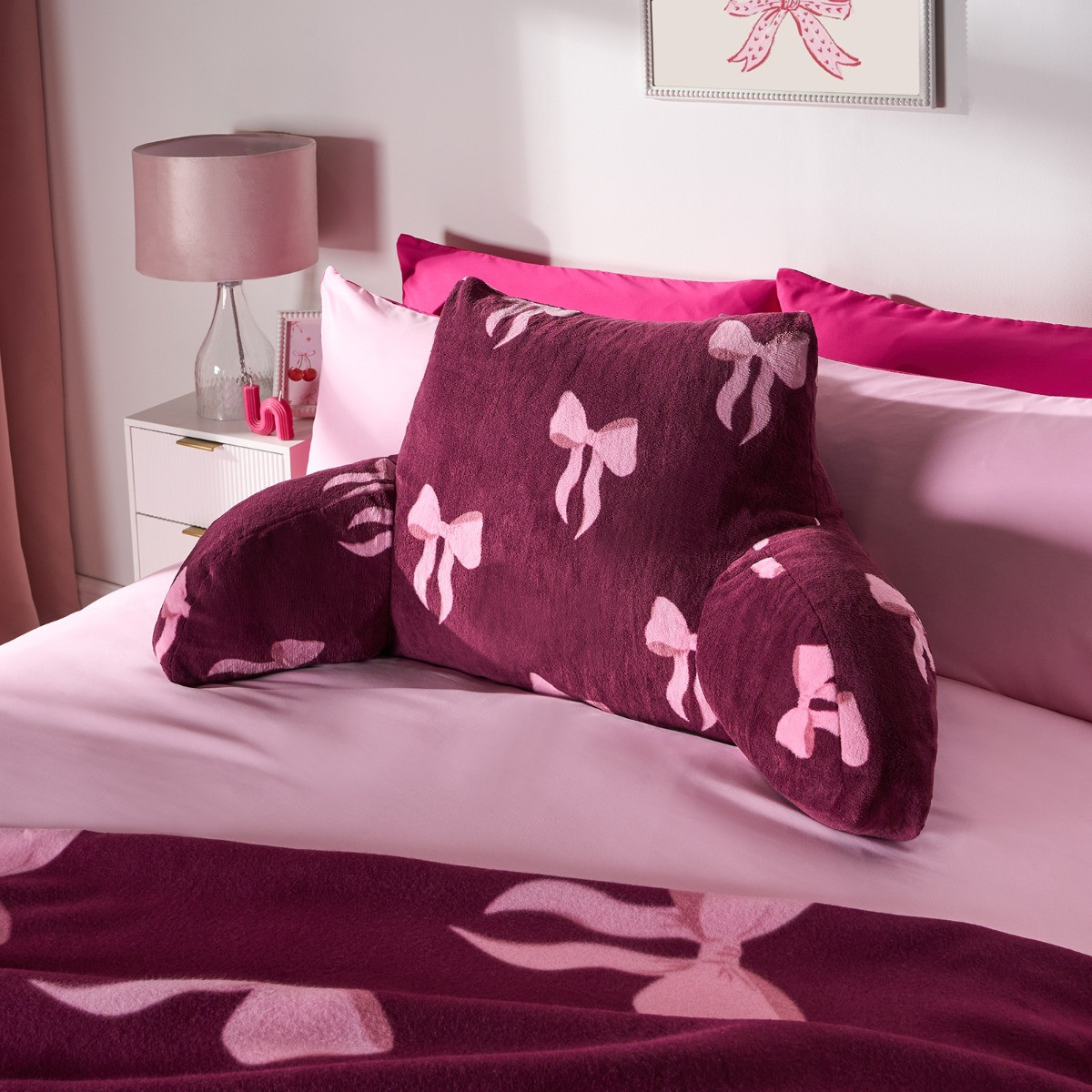 OHS Bow Print Cuddle Cushion - Burgundy>