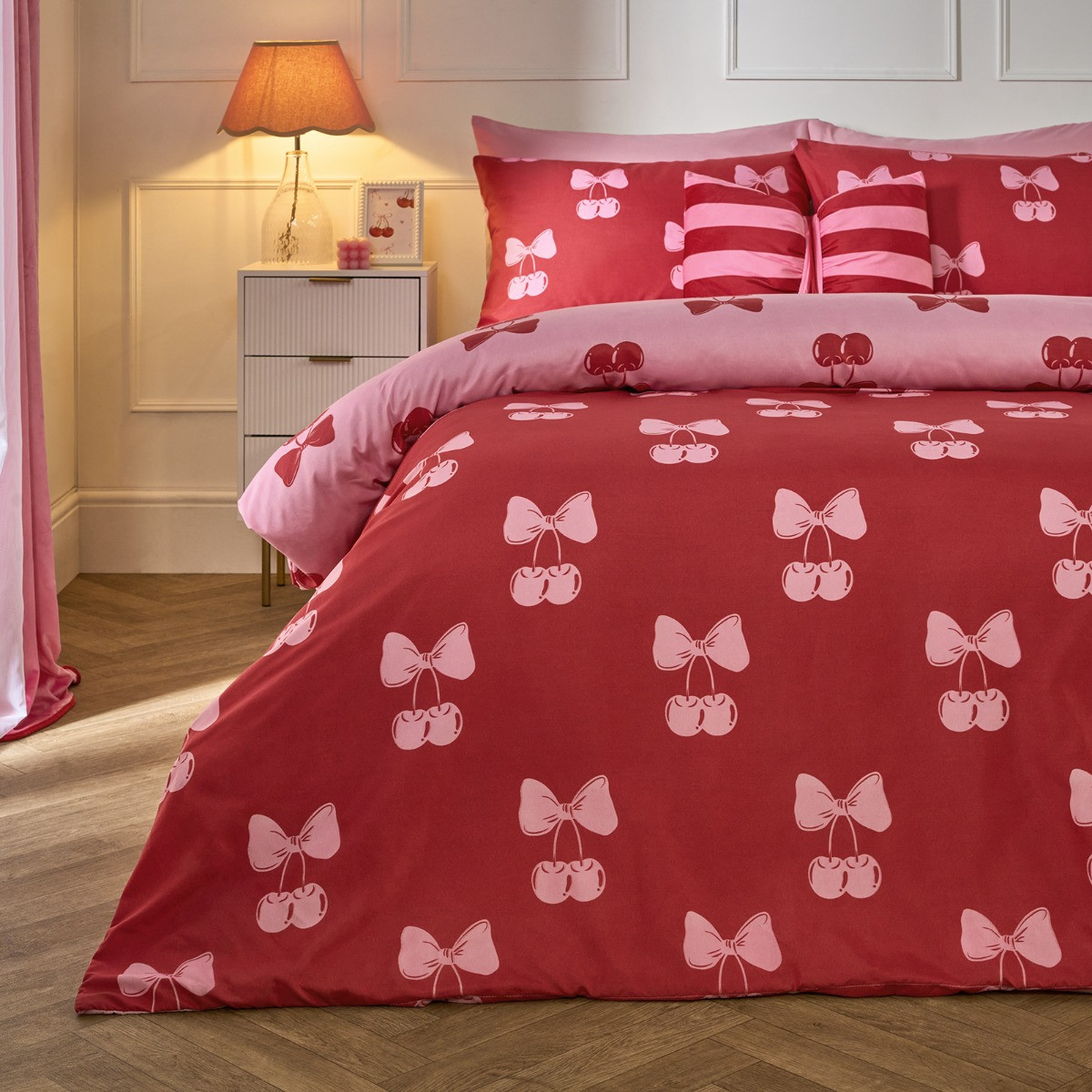 OHS Cherry Bow Print Reversible Duvet Cover Set - Pink/Red>