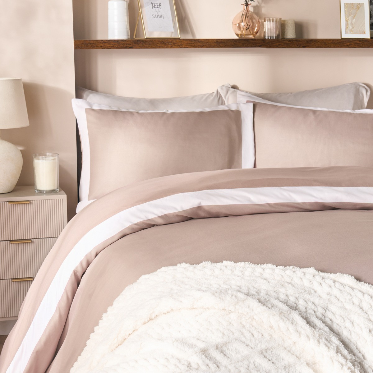 OHS Contrast Border Duvet Cover Set, Natural/Ivory - Double>