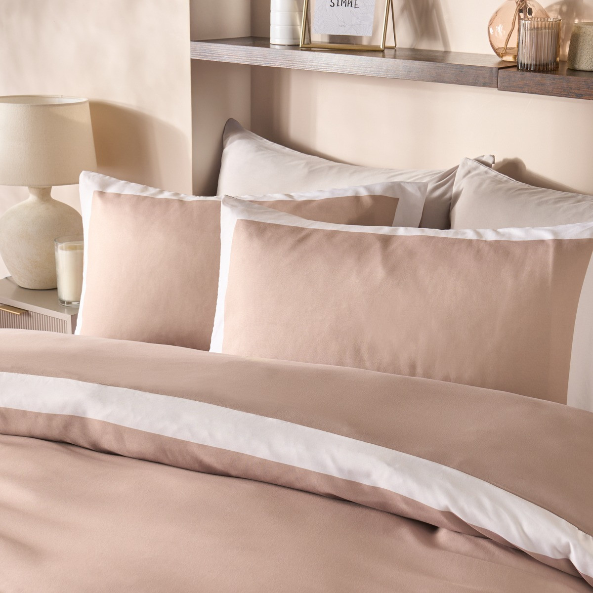 OHS Contrast Border Duvet Cover Set, Natural/Ivory - Double>