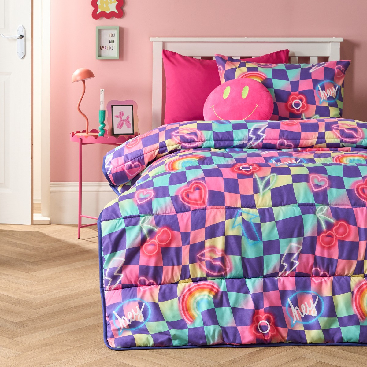 OHS Checkerboard Coverless 10.5 Tog Duvet Set, Neon - Single>
