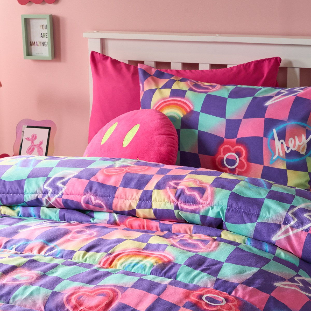 OHS Checkerboard Coverless 10.5 Tog Duvet Set, Neon - Single>