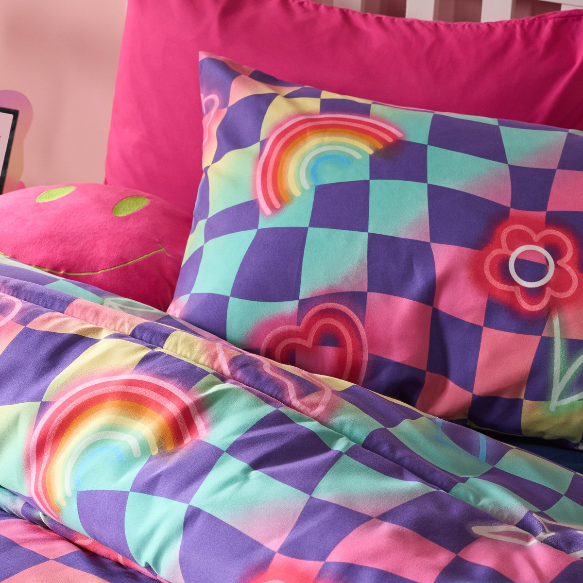 OHS Checkerboard Coverless 10.5 Tog Duvet Set, Neon - Single>