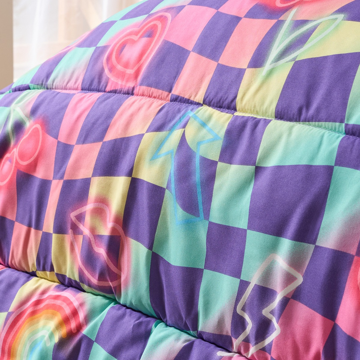 OHS Checkerboard Coverless 10.5 Tog Duvet Set, Neon - Single>