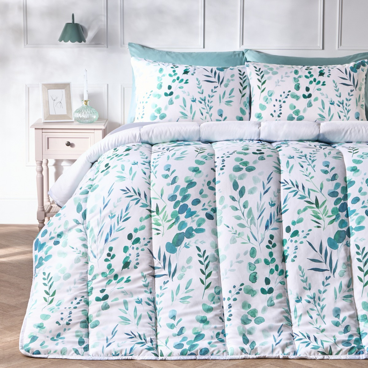 OHS Floral Print Coverless 10.5 Tog Duvet Set, Sage - Single>