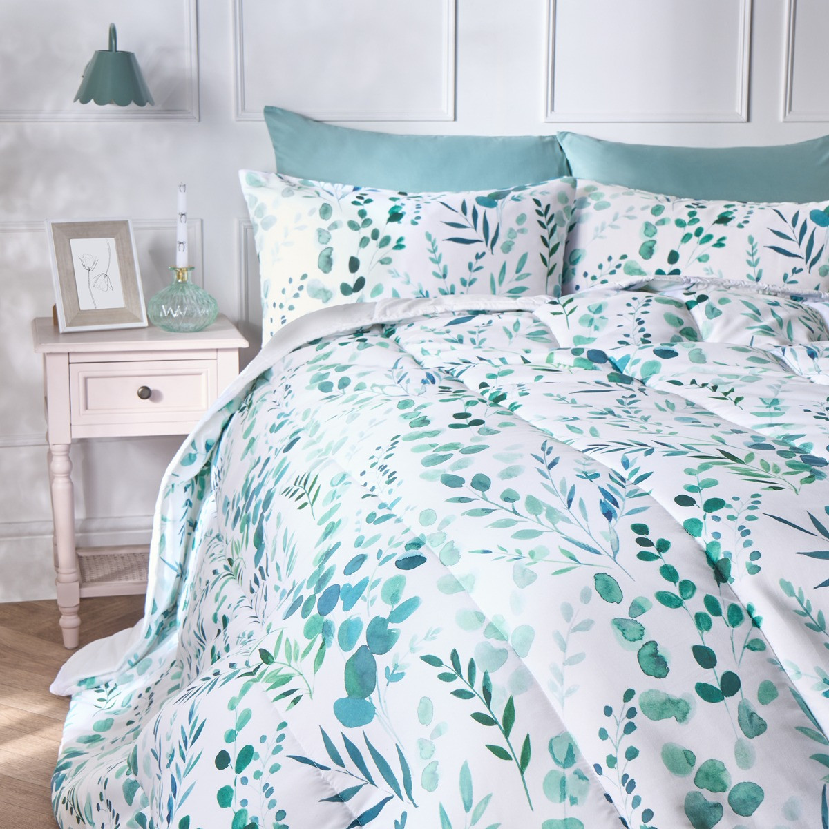 OHS Floral Print Coverless 10.5 Tog Duvet Set, Sage - Single>