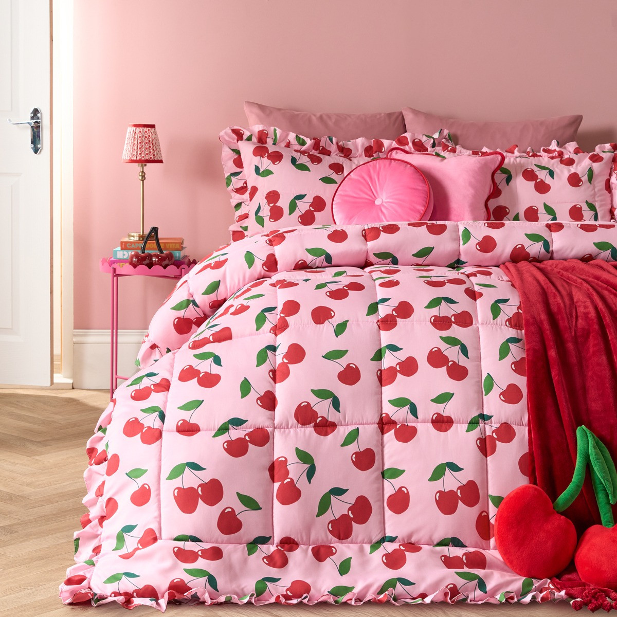 OHS Cherry Print Frill Edge Coverless 7.5 Tog Duvet Set, Pink/Red - Double>