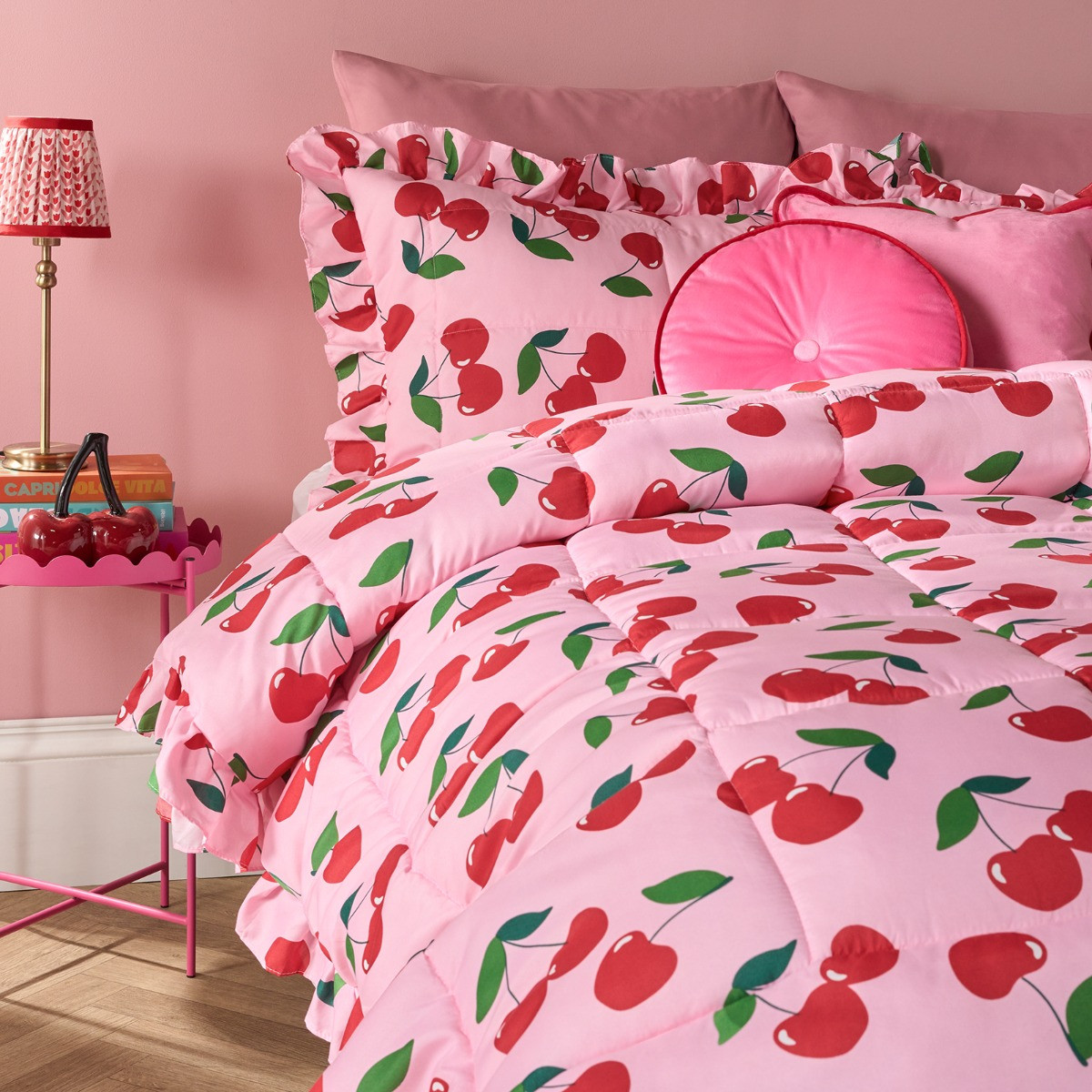 OHS Cherry Print Frill Edge Coverless 7.5 Tog Duvet Set, Pink/Red - Double>
