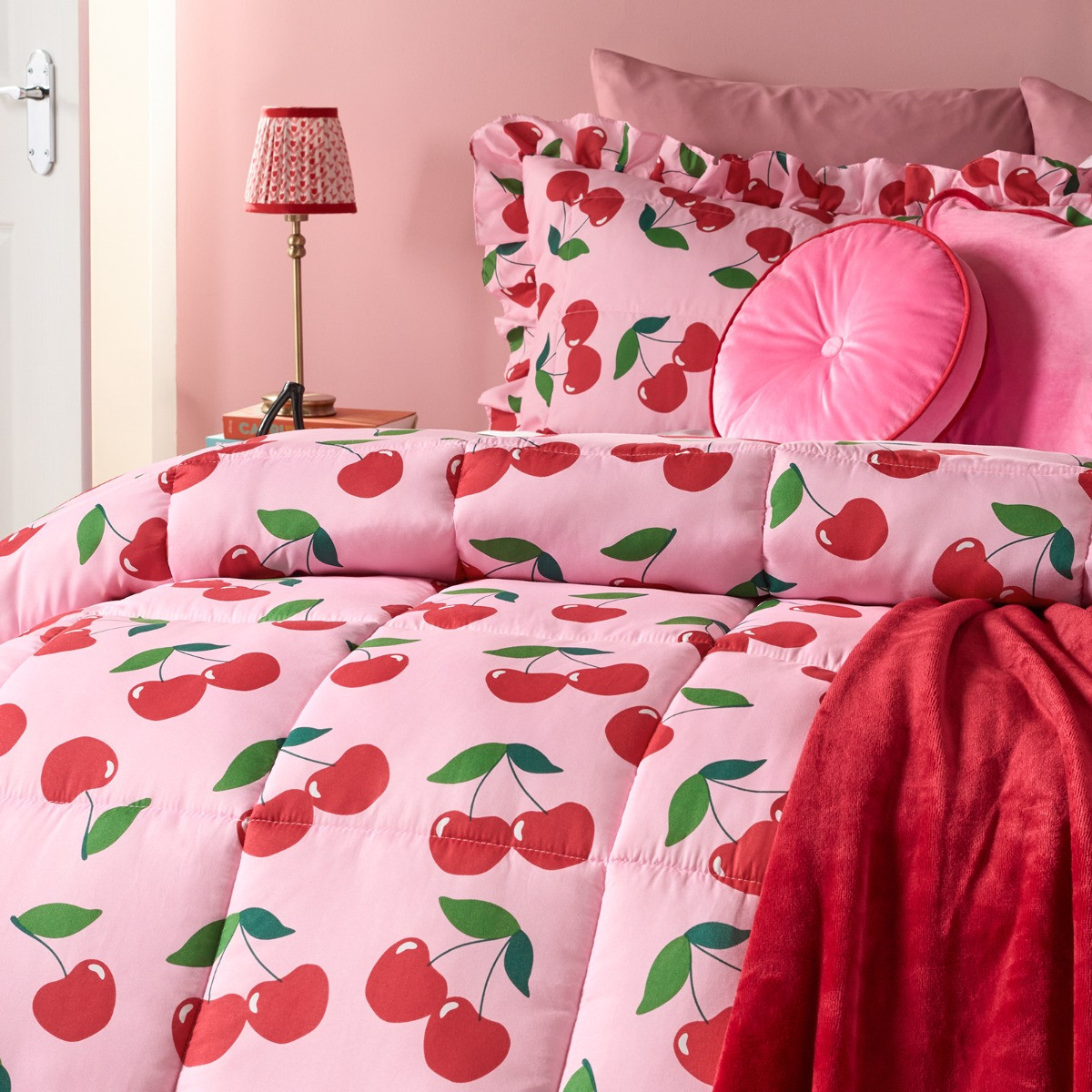 OHS Cherry Print Frill Edge Coverless 7.5 Tog Duvet Set, Pink/Red - King>
