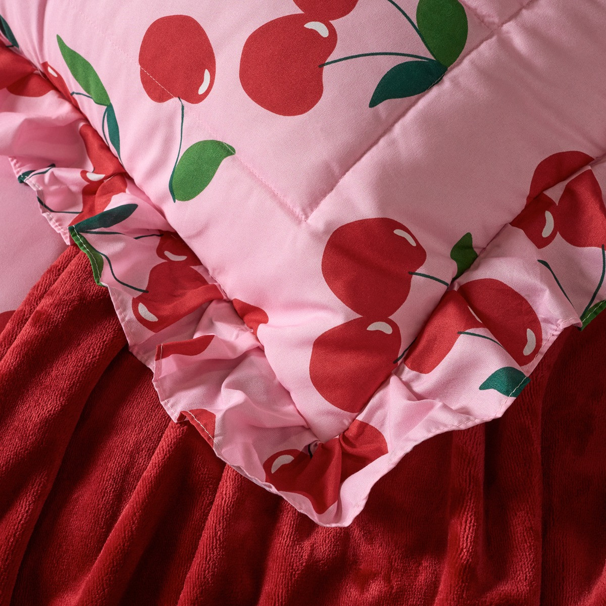 OHS Cherry Print Frill Edge Coverless 7.5 Tog Duvet Set, Pink/Red - Single>