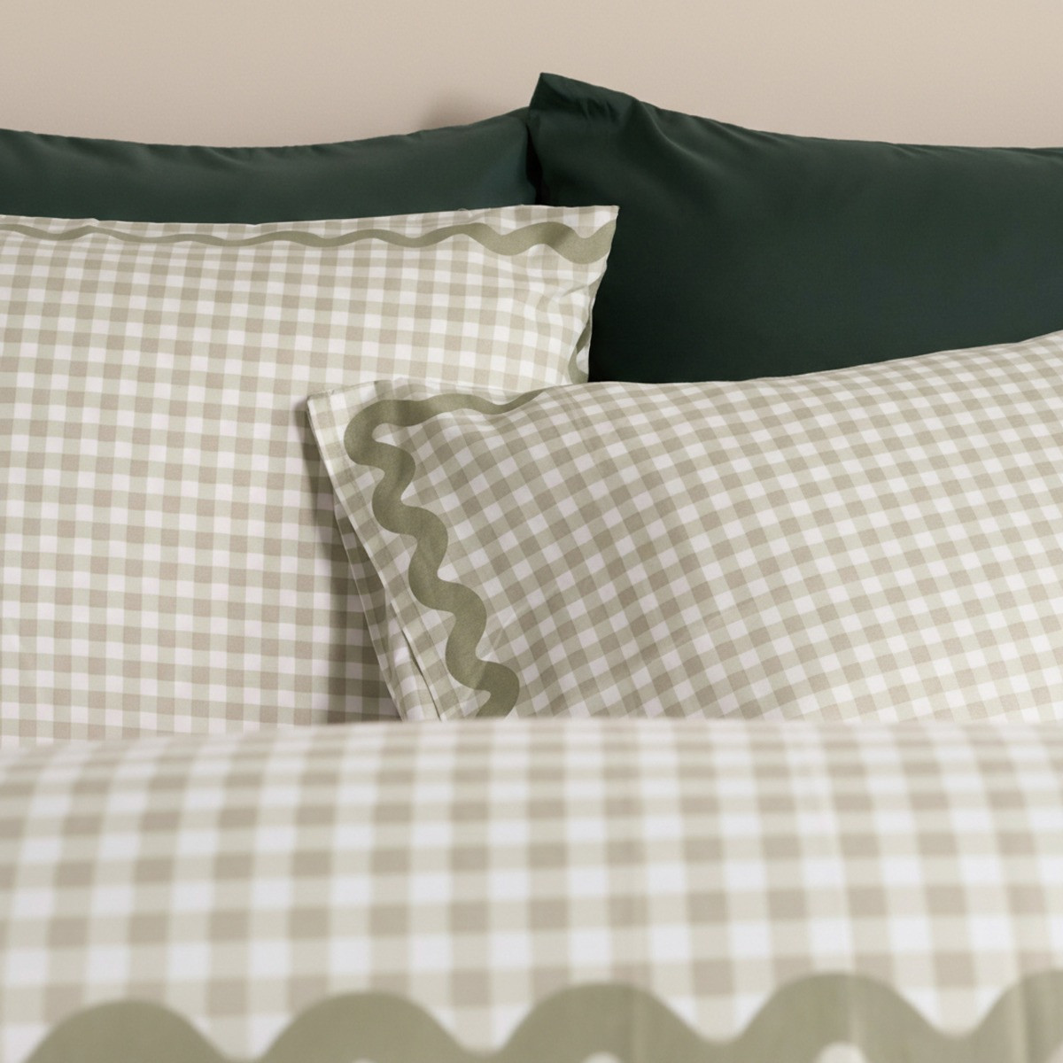 OHS Wave Border Gingham Duvet Set, Sage - Double>
