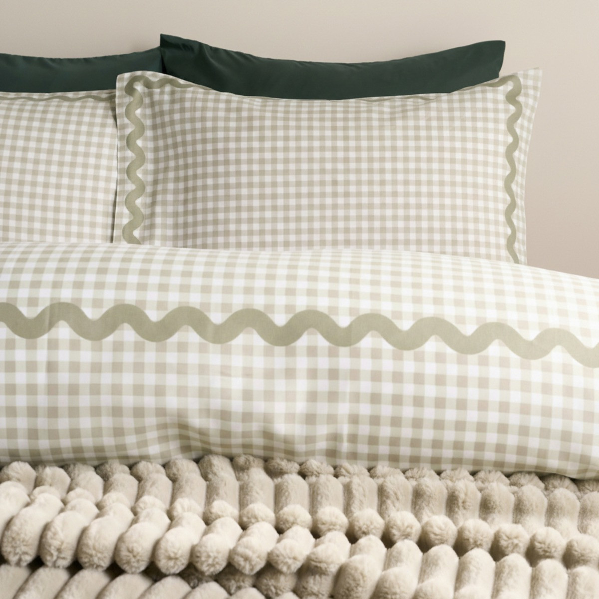 OHS Wave Border Gingham Print Duvet Set, Sage - Single>