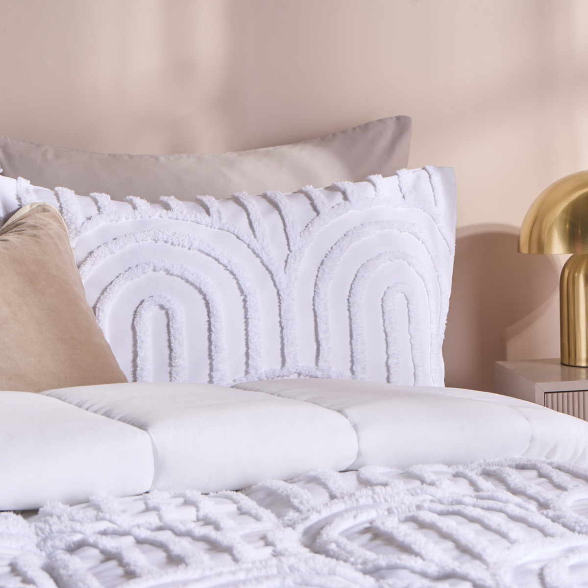 OHS Tufted Arches Quilted Coverless 7.5 Tog Duvet Set - White>