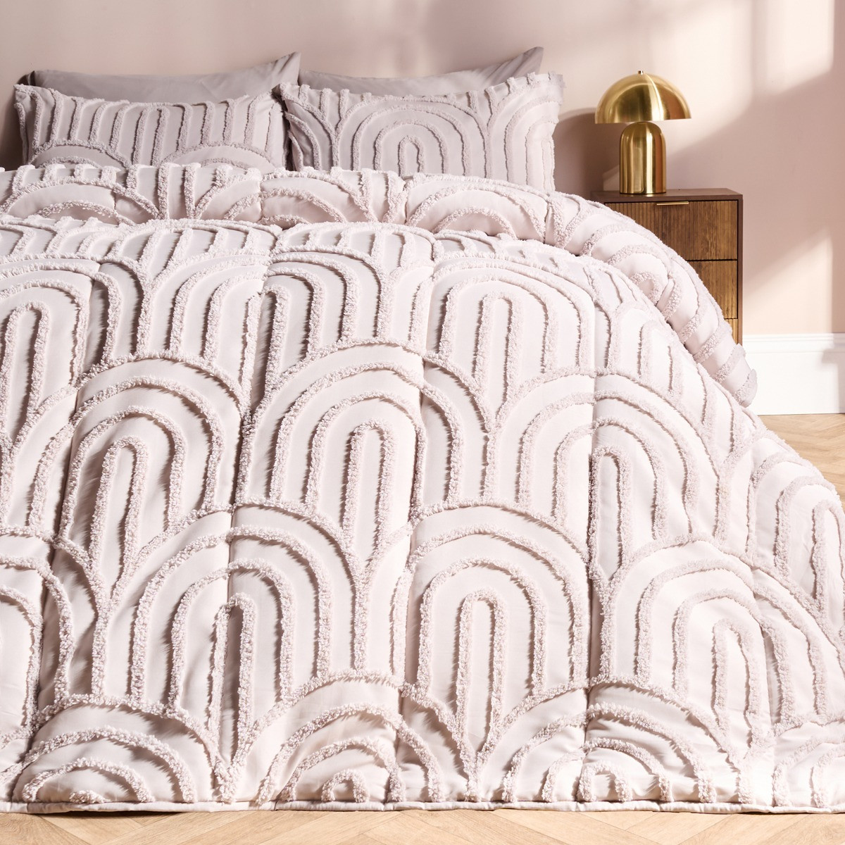 OHS Tufted Arches Quilted Coverless 7.5 Tog Duvet Set, Stone - Double>