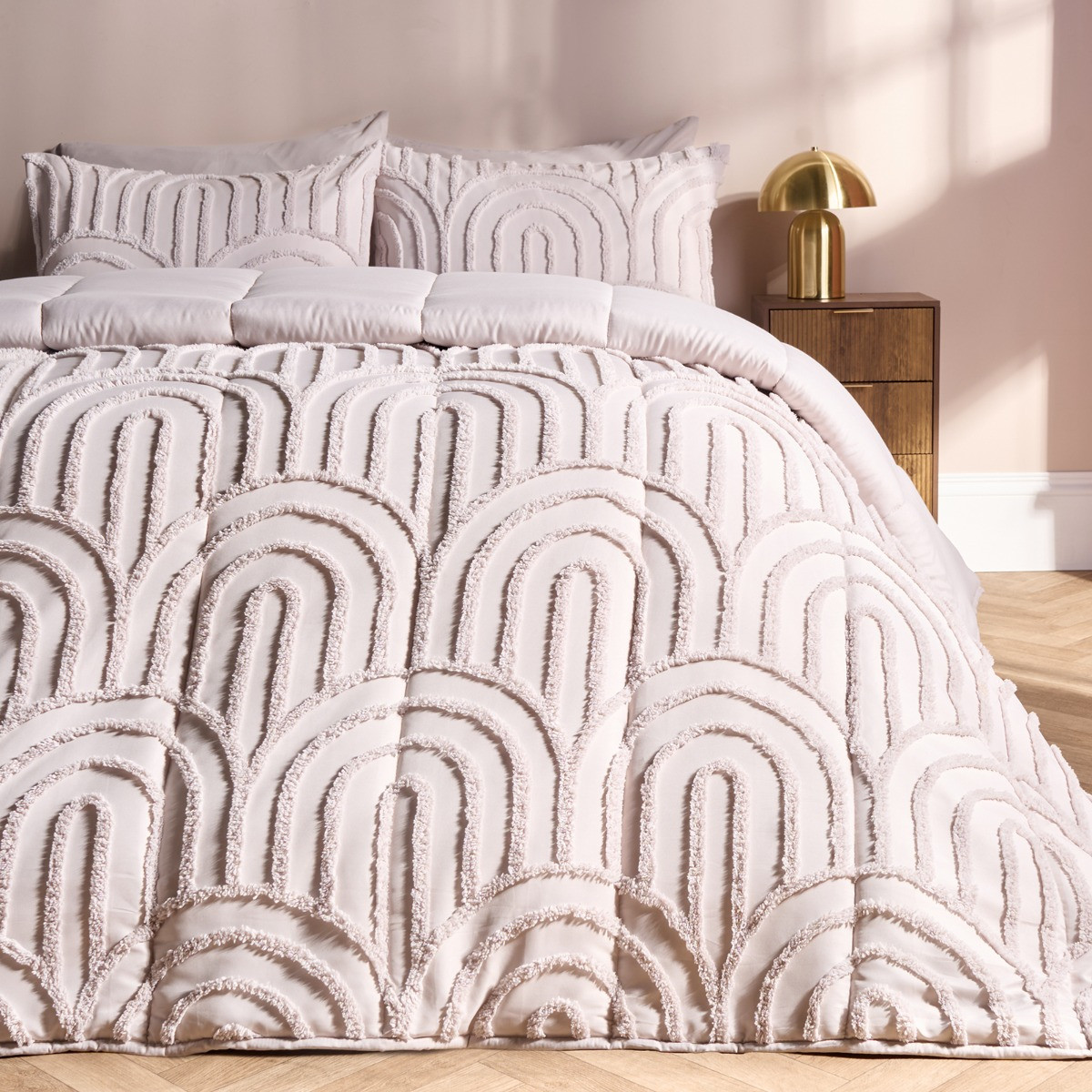 OHS Tufted Arches Quilted Coverless 7.5 Tog Duvet Set, Stone - King>