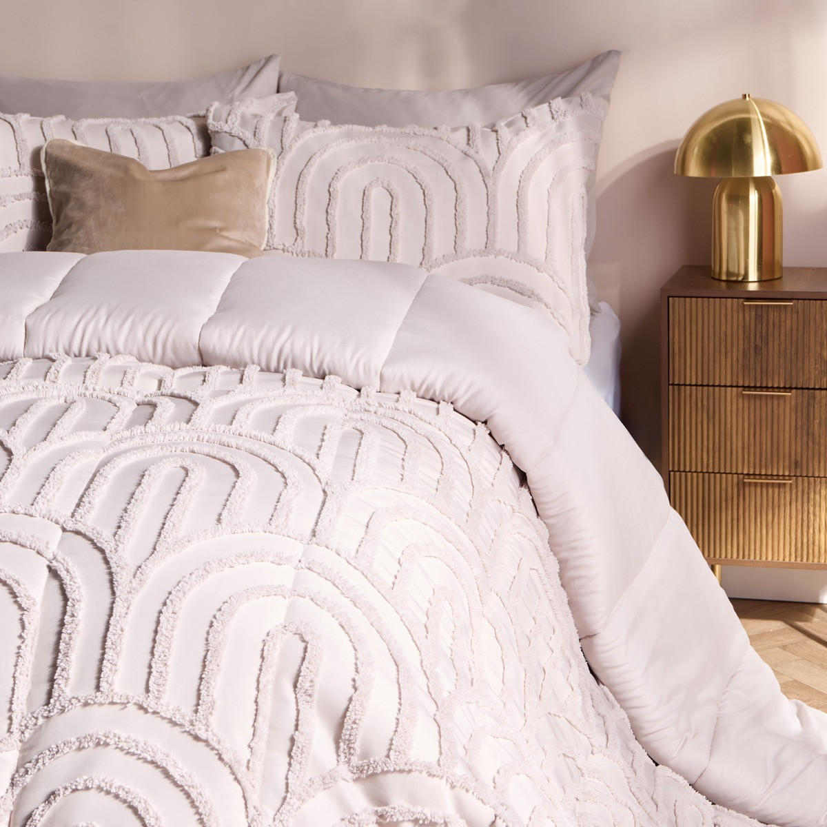 OHS Tufted Arches Quilted Coverless 7.5 Tog Duvet Set, Stone - Double>