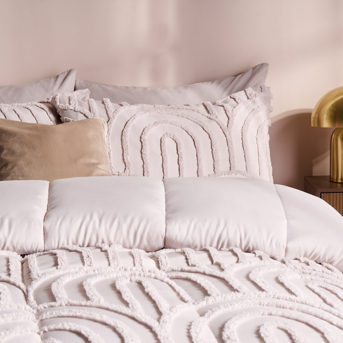 OHS Tufted Arches Quilted Coverless 7.5 Tog Duvet Set, Stone - Double>