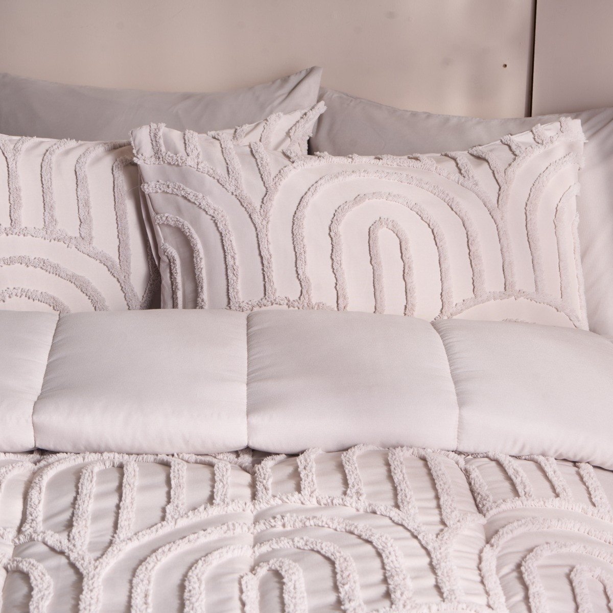 OHS Tufted Arches Quilted Coverless 7.5 Tog Duvet Set, Stone - Double>