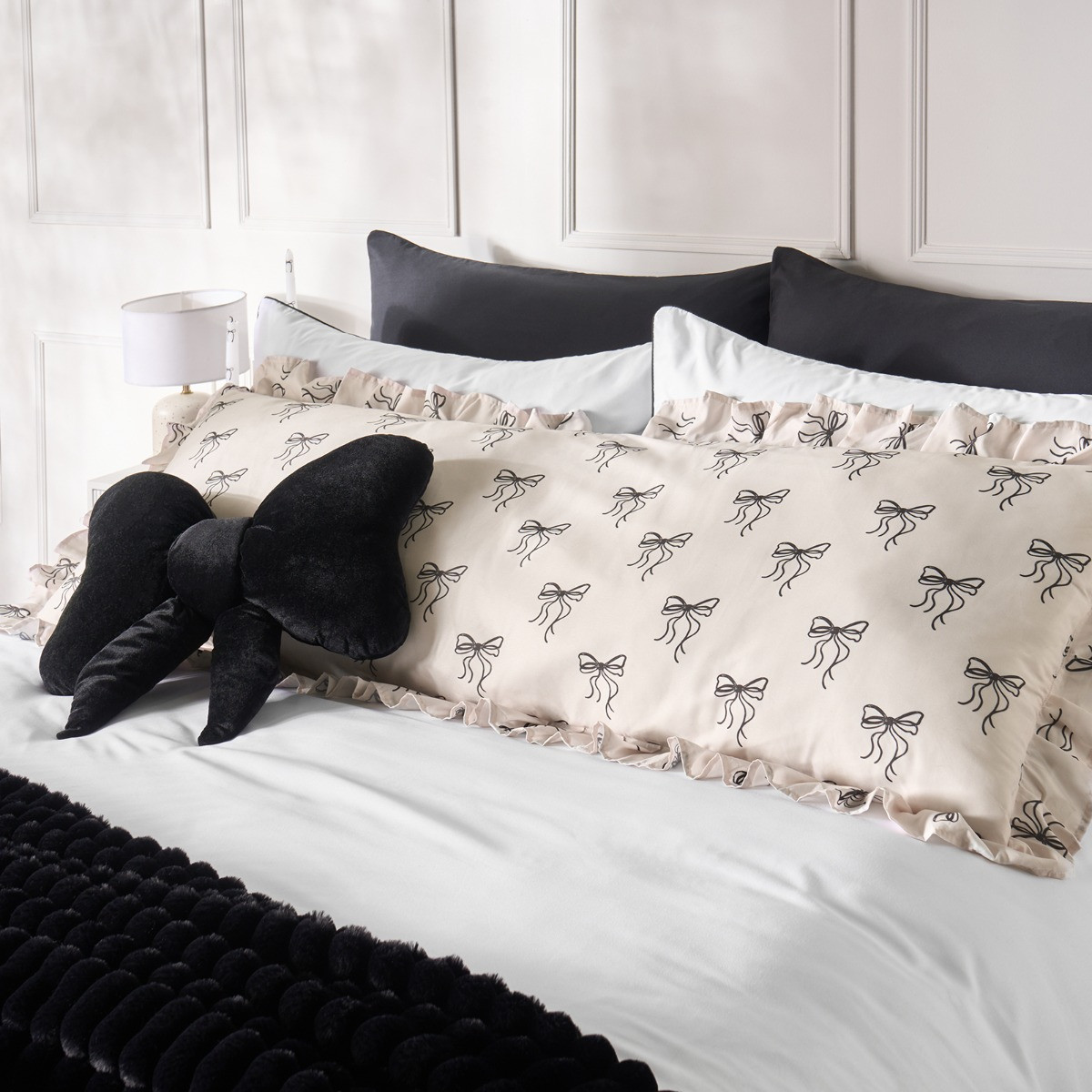 OHS Bow Print Frill Edge Bolster Pillow - Monochrome>