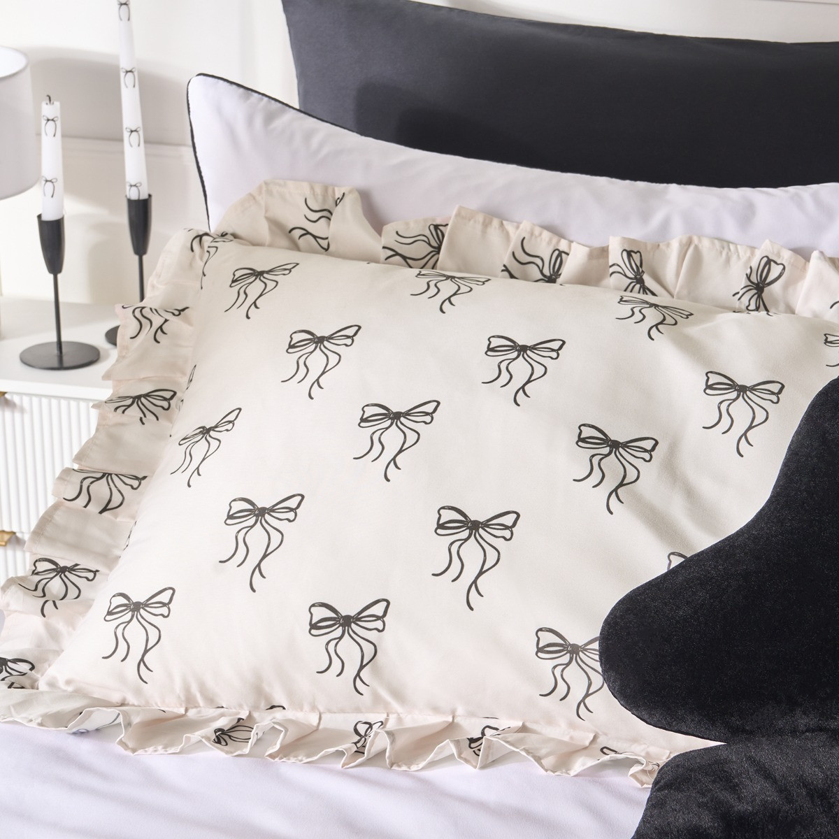 OHS Bow Print Frill Edge Bolster Pillow - Monochrome>