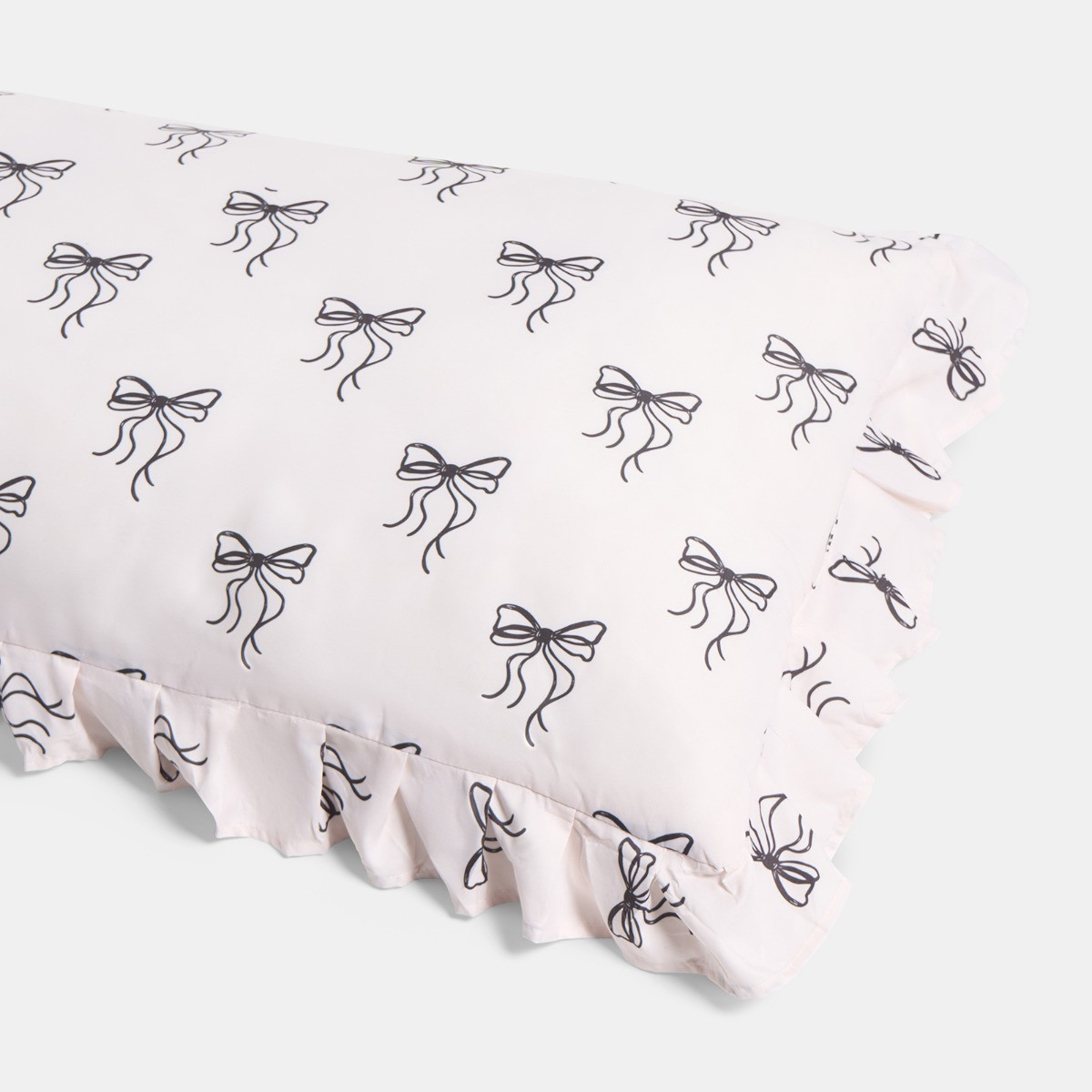 OHS Bow Print Frill Edge Bolster Pillow - Monochrome>