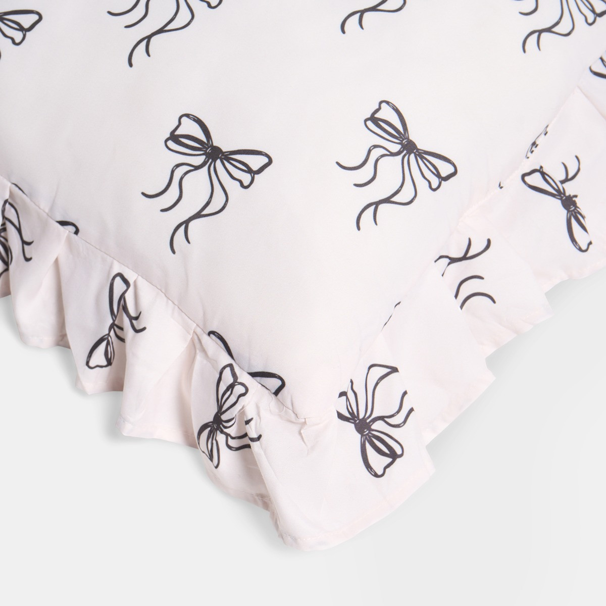 OHS Bow Print Frill Edge Bolster Pillow - Monochrome>