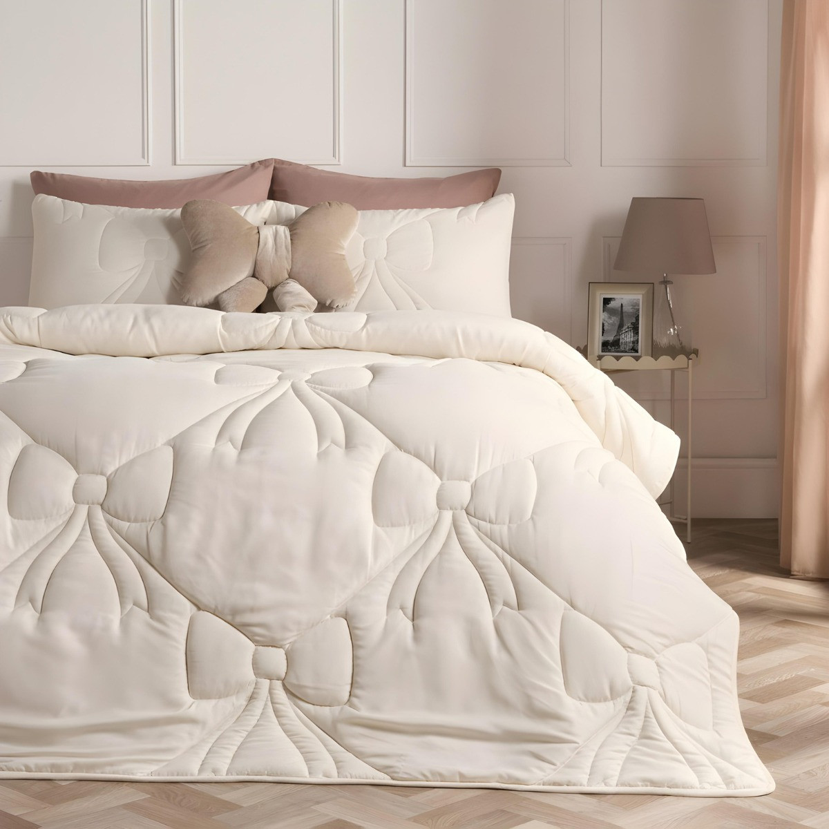 OHS Diamond Bow Quilted Coverless 7.5 Tog Duvet Set, Ivory - Single>
