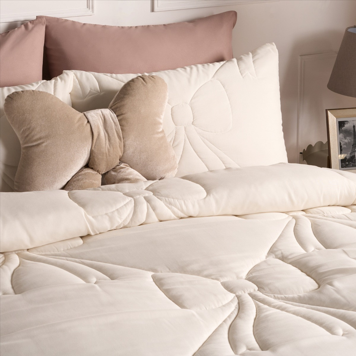 OHS Diamond Bow Quilted Coverless 7.5 Tog Duvet Set, Ivory - Single>