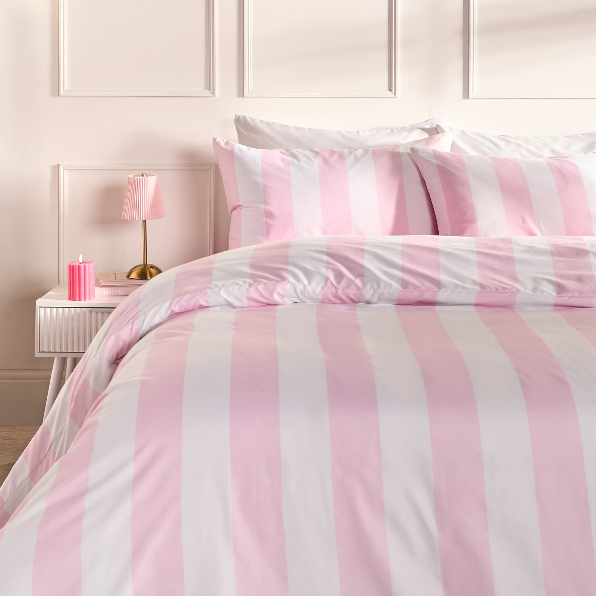 OHS Stripe Print Duvet Set, Pink/White  - Single>
