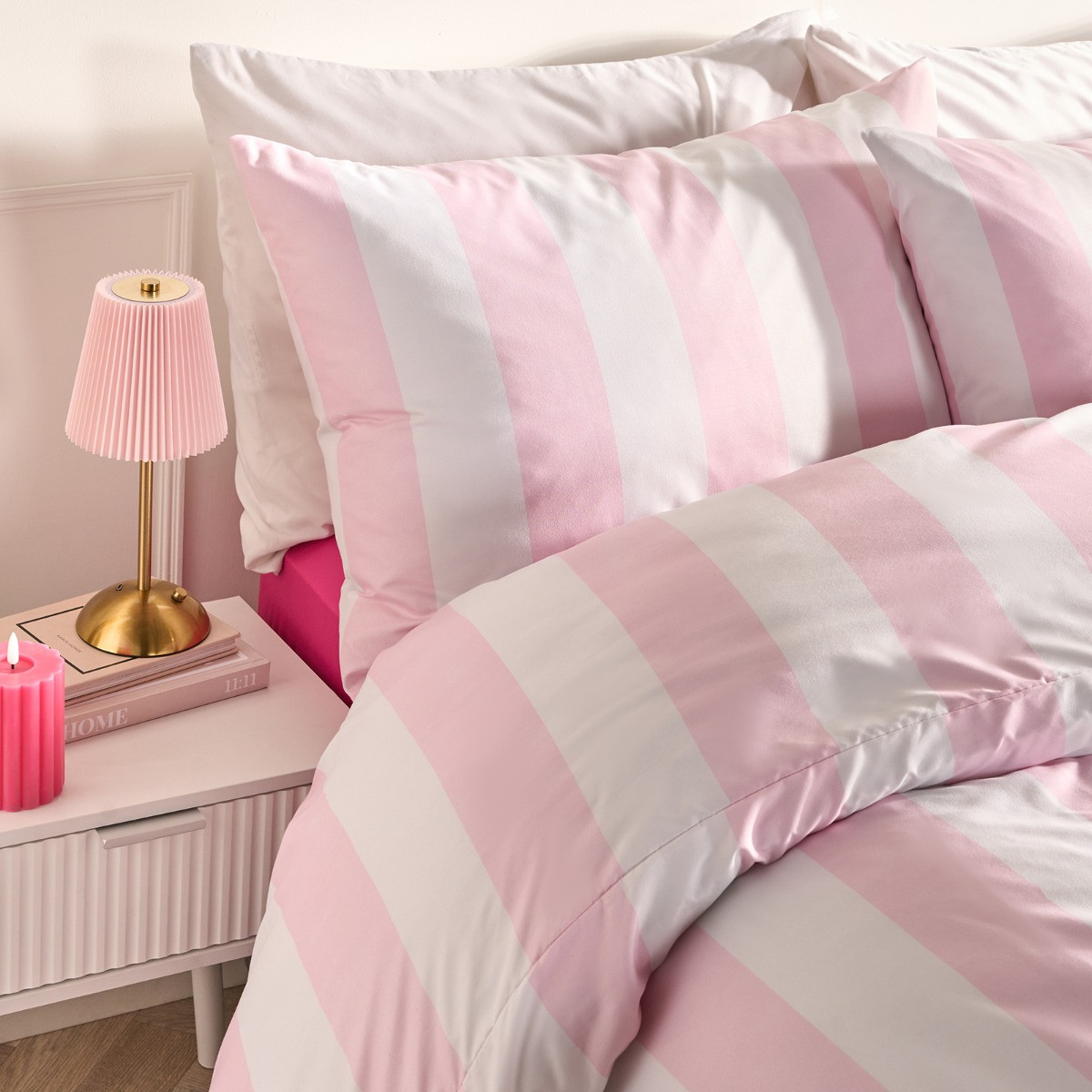 OHS Stripe Print Duvet Set, Pink/White  - Single>