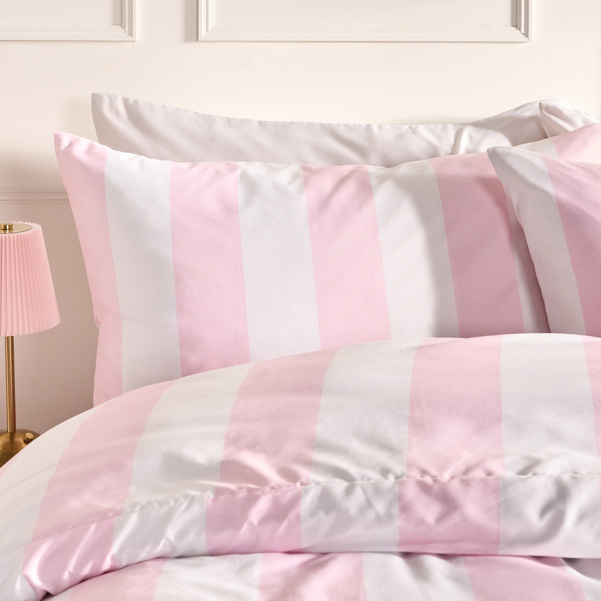 OHS Stripe Print Duvet Set, Pink/White  - Double>