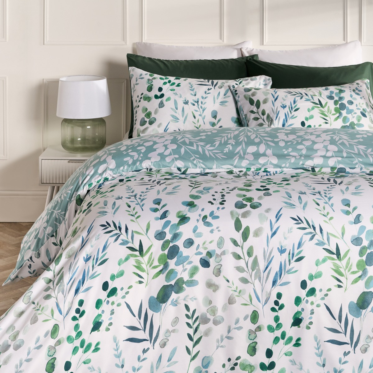 OHS Watercolour Floral Duvet Set, Green - Double>