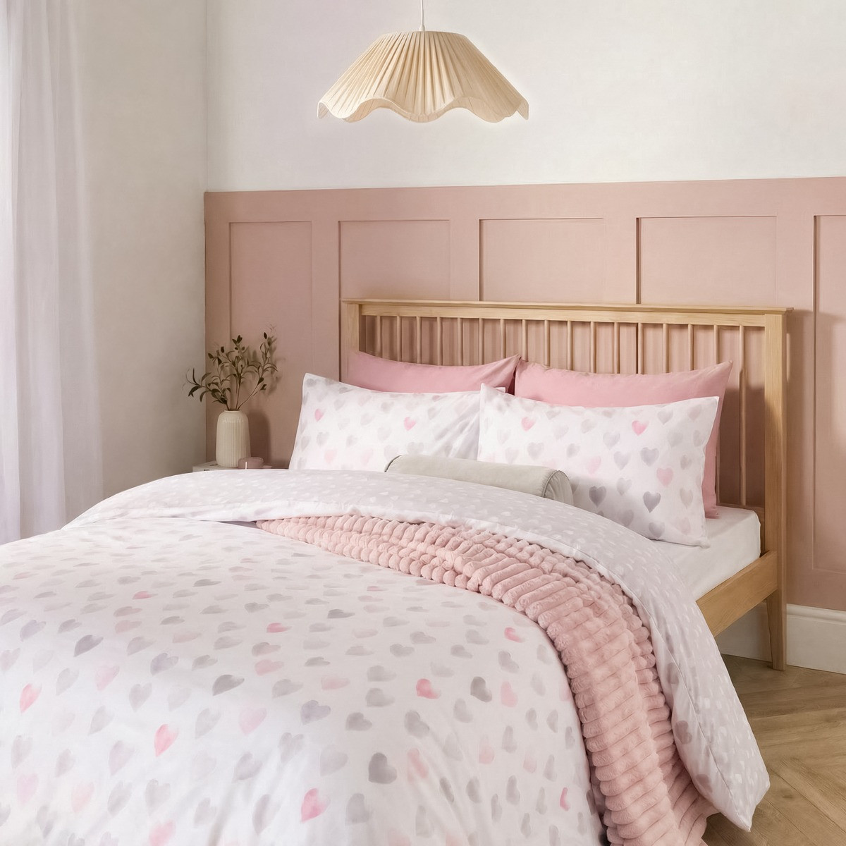OHS Heart Print Reversible Watercolour Duvet Cover Set - Pink/Grey>
