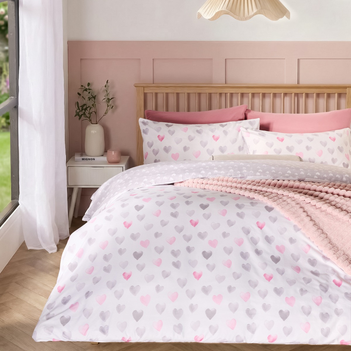 OHS Heart Print Reversible Watercolour Duvet Cover Set, Pink/Grey - Double>